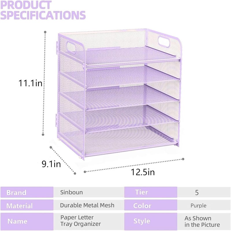 Sinboun Letter Tray Paper Organizer 5-Tier Desk Organizer File Organizer Paper Holder with Handle, Metal Desktop Document Shelf Tray Office Classroom Organization - Purple - Image 2